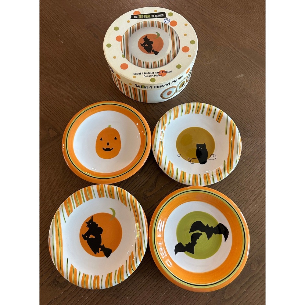 Just The Thing For Halloween Dessert Plates Set of 4 Hand Painted Ceramic 8 inch